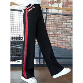 Women Casual High Drawstring Waist Stripe Patchwork Pants