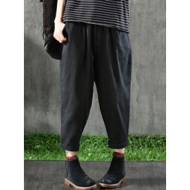 Women Vintage Elastic Waist Pockets Cotton Pants