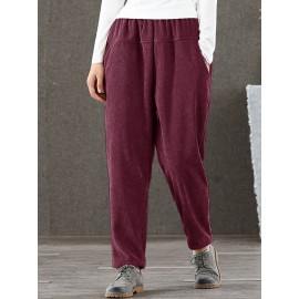 S-5XL Women Casual Pure Color Elastic Waist Corduroy Pants