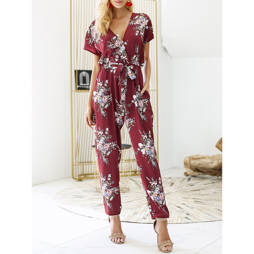 Women Casual V-Neck Floral Print Short Sleeve Jumpsuit with Pockets