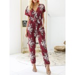 Women Casual V-Neck Floral Print Short Sleeve Jumpsuit with Pockets