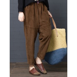 Women Casual Pure Color Elastic Waist Corduroy Harlan Pants