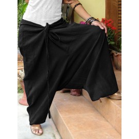 Women Vintage Solid Color Cotton Loose Casual Wide Leg Pants