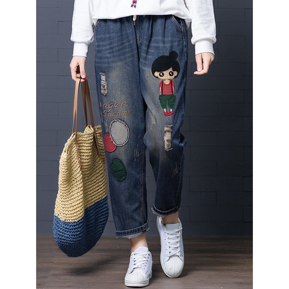 Cartoon Embroidery Hollow Elastic Drawstring Waist Denim Jeans