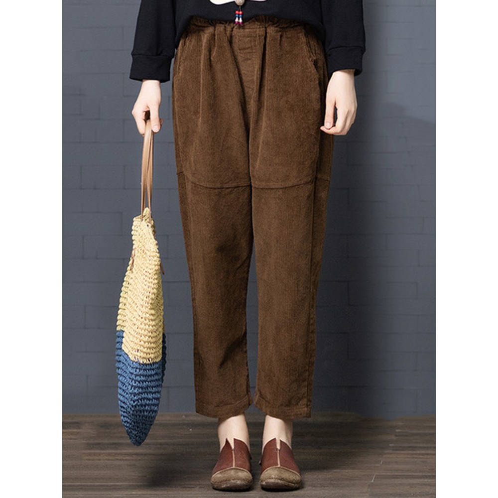 Women Casual Pure Color Elastic Waist Corduroy Harlan Pants