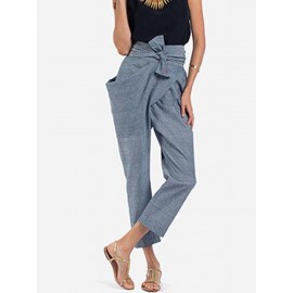 Women High Waist Pencil Pants Side Pockets Irregular Trousers with Detachable Belt