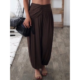 Women Pure Color High Elastic Waist Loose Pleated Pants