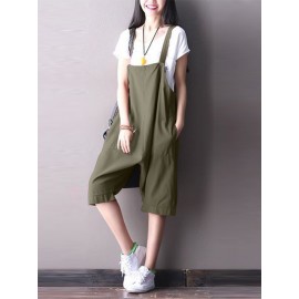 S-5XL Women Cotton Loose Solid Color Jumpsuit with Pockets