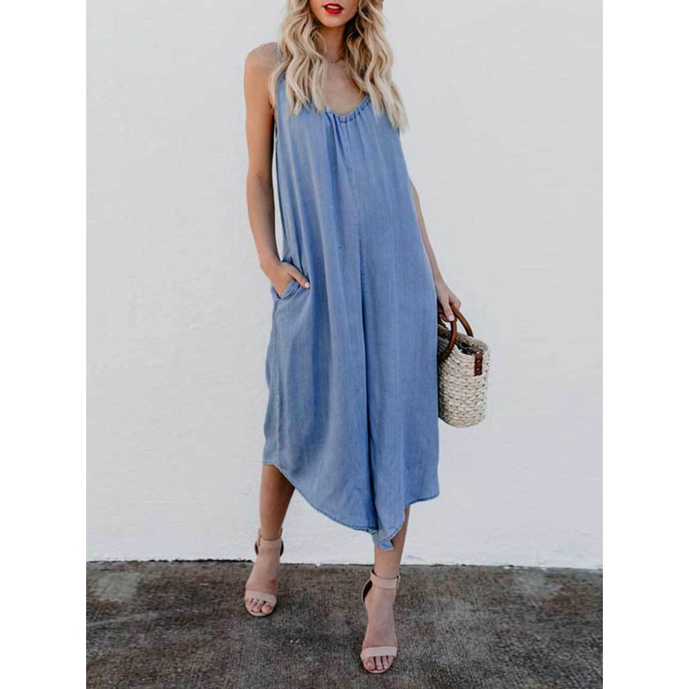 Plus Size Casual Straps Blue Wide Leg Overall Jumpsuit For Women