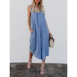 Plus Size Casual Straps Blue Wide Leg Overall Jumpsuit For Women