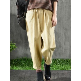 Women Vintage Elastic Waist Pockets Cotton Pants