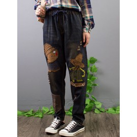 Vintage Women Elastic Waist Embroidery Patchwork Denim Jeans