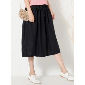 Wide Leg Women Pure Color Cotton Linen Elastic Waist Pants