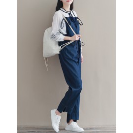 Women Casual Sleeveless Straps High Waist Denim Jumpsuit