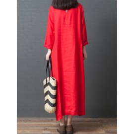 Vintage Women Linen Loose Pure Color Long Sleeve Dress