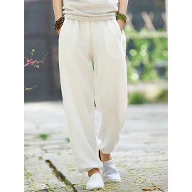 Casual Women Elastic Waist Linen Cotton Solid Pants