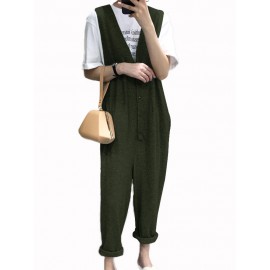 Women Sleeveless Button V-neck Solid Color Jumpsuit Overalls