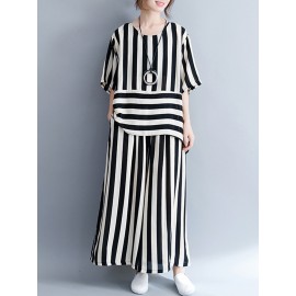 Women Casual Loose Striped Tops+Pants Sets