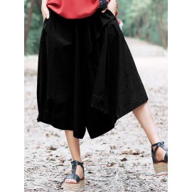 Women Loose Cotton Linen Elastic Waist Asymmetrical Pants