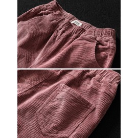 Women Casual Pure Color Elastic Waist Corduroy Pants