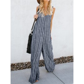 Women Sexy V-neck Sleeveless Striped Pockets Wide Legged Jumpsuit