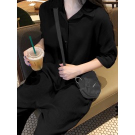 Casual Women Cotton Pure Color Button Long Sleeve Jumpsuit