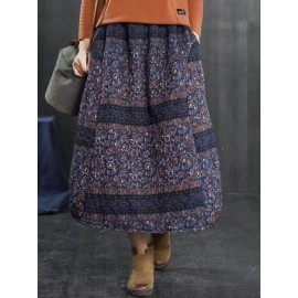 Vintage Women Folk Style Cotton Linen Elastic Waist Skirts with Pockets