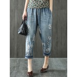 Women Vintage Embroidery Elastic Waist Pocket Denim Jeans