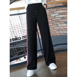 Women Casual High Drawstring Waist Stripe Patchwork Pants