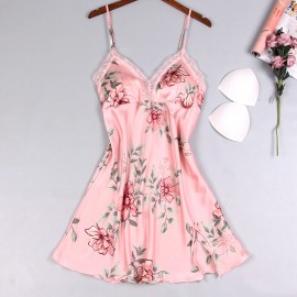 Lace Floral Open Side Design Camisole Removable Padded Nightgown