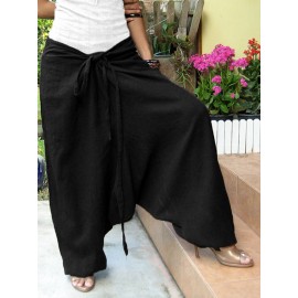 Women Vintage Solid Color Cotton Loose Casual Wide Leg Pants