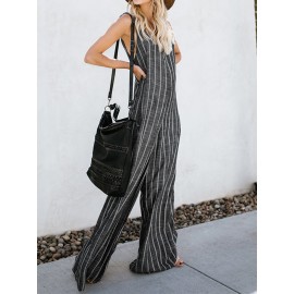 Women Sexy V-neck Sleeveless Striped Pockets Wide Legged Jumpsuit