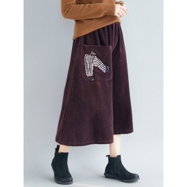 Embroidery Elastic Waist Loose Hem Corduroy Skirts with Pocket