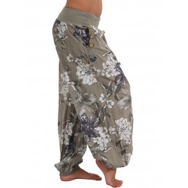 Women Casual Loose Floral Print Button Full Length Pants