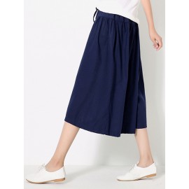 Wide Leg Women Pure Color Cotton Linen Elastic Waist Pants