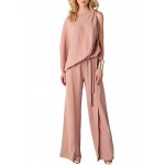 Women Solid Irregular Hem Blouse Wide Leg Pants Casual Suits