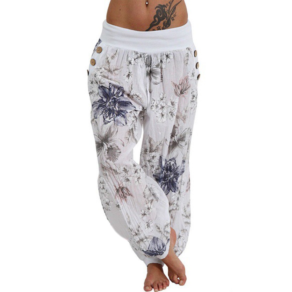 Women Casual Loose Floral Print Button Full Length Pants