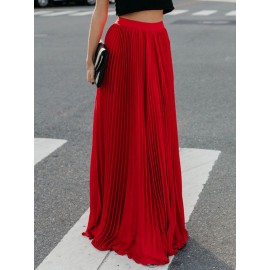 Boho Elastic Waist Pleated Pure Color Women Skirts