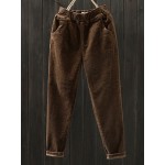 Women Casual Pure Color Elastic Waist Corduroy Pants