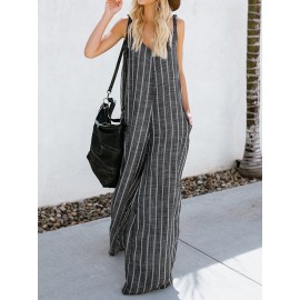 Women Sexy V-neck Sleeveless Striped Pockets Wide Legged Jumpsuit