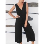 Wide Leg Women Cotton Deep V-Neck Sleeveless Lace Patchwork Jumpsuit