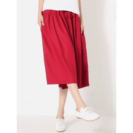 Wide Leg Women Pure Color Cotton Linen Elastic Waist Pants