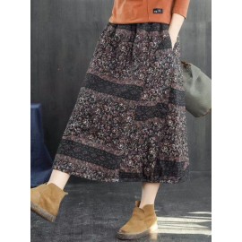 Vintage Women Folk Style Cotton Linen Elastic Waist Skirts with Pockets