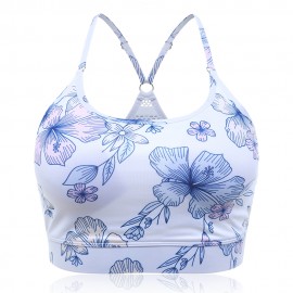 Floral Printed Back Cross Straps Mesh Breathable Wireless Yoga Sports Bra