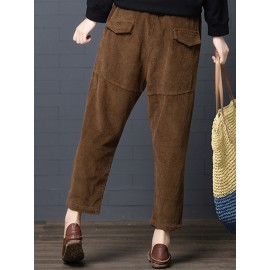 Women Casual Pure Color Elastic Waist Corduroy Harlan Pants