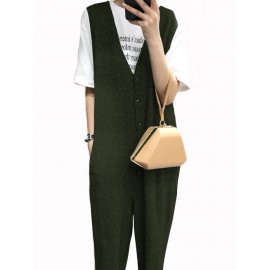 Women Sleeveless Button V-neck Solid Color Jumpsuit Overalls