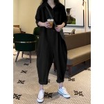 Casual Women Cotton Pure Color Button Long Sleeve Jumpsuit