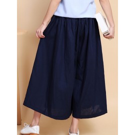 Women Wide Leg Solid Color Cotton Linen Elastic Waist Pants