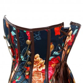 Retro Floral Steel Boned Lace Up Back Cinching Chains Corset