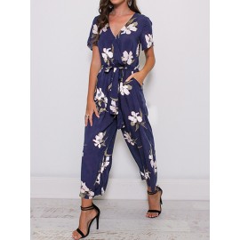 Women Casual V-Neck Floral Print Short Sleeve Jumpsuit with Pockets